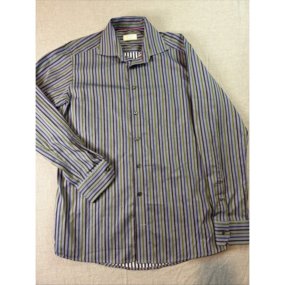 Eton Contemporary Dress Shirt Mens 15.5 39cm Slim Purple Stripe Check Button Up